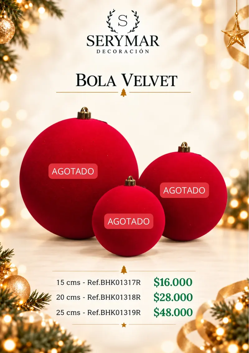 Bola Velvet · Ref. BHK01317R / BHK01318R / BHK01319R — página 115 del Catálogo Navidad 2026 de SERYMAR Decoración